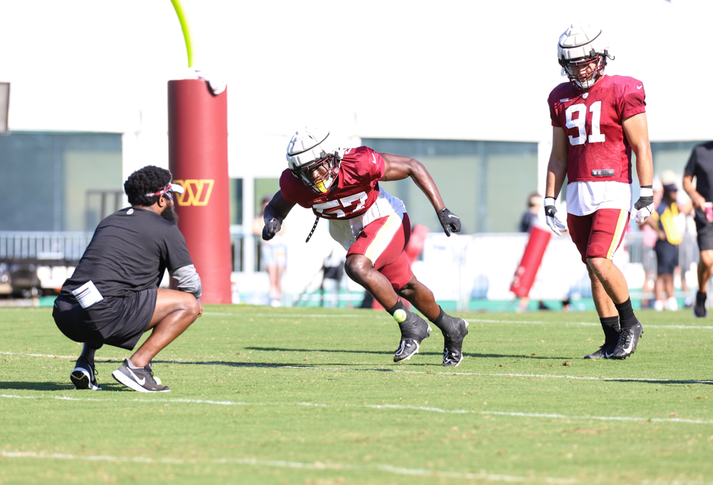 Washington Commanders Defensive End Bunmi Rotimi (57) doing dri