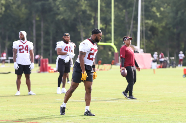 RB J.D McKissic (23) before practice at the Commanders training