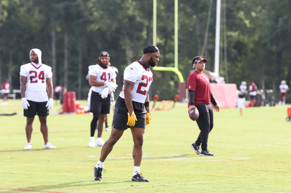 RB J.D McKissic (23) before practice at the Commanders training