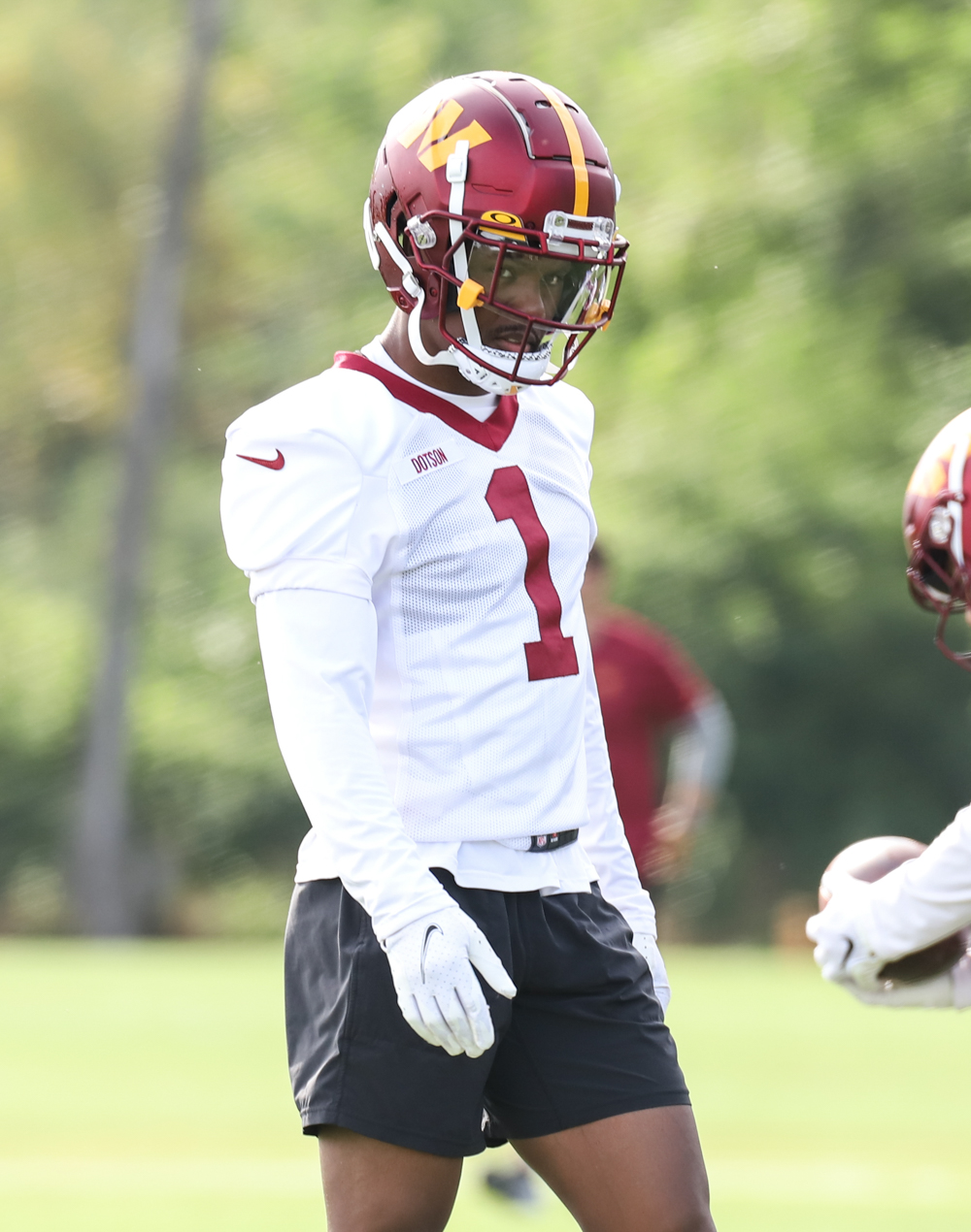 WR Jahan Dotson (1) before practice at the Commanders training