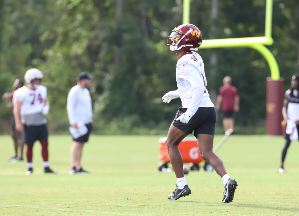 WR Jahan Dotson (1) before practice at the Commanders training