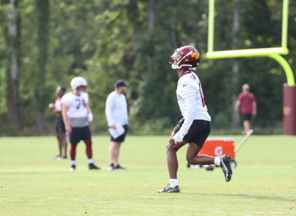WR Jahan Dotson (1) before practice at the Commanders training