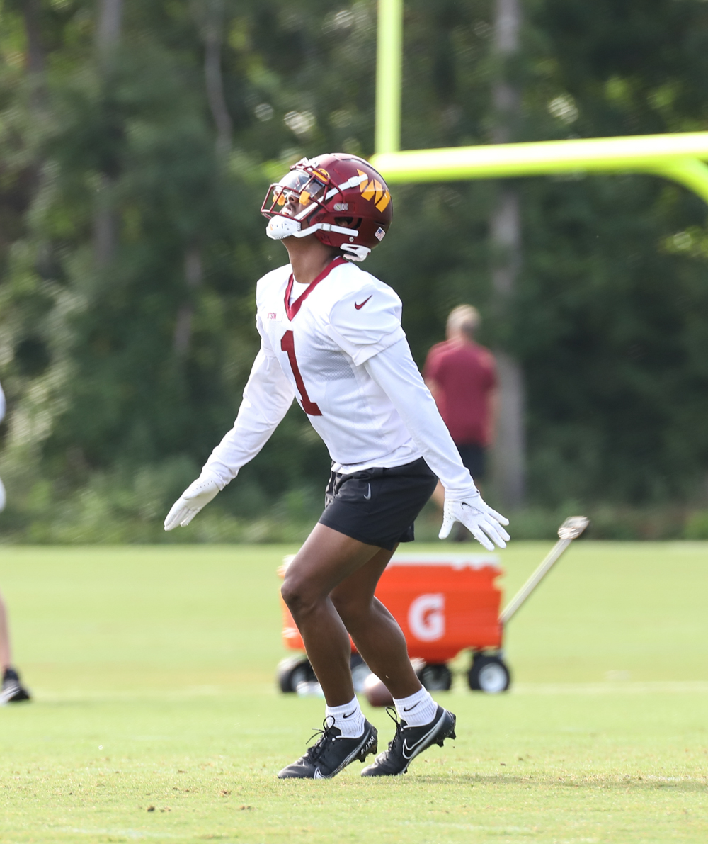 WR Jahan Dotson (1) before practice at the Commanders training