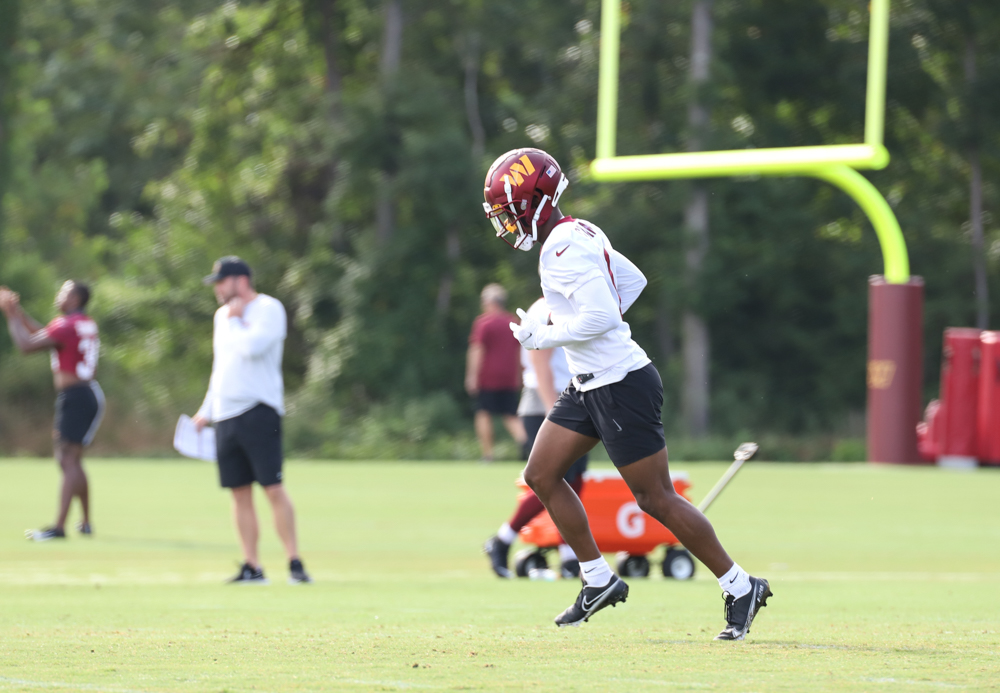 WR Jahan Dotson (1) before practice at the Commanders training