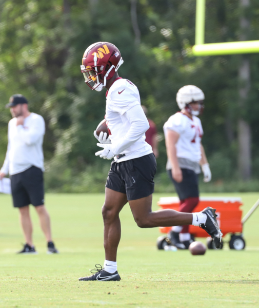 WR Jahan Dotson (1) before practice at the Commanders training