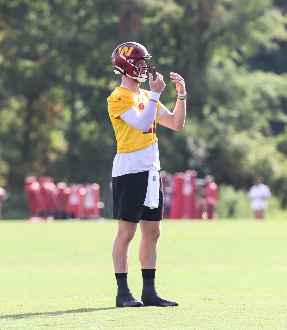 Quarterback Carson Wentz (11) calls for a ball at the Commanders