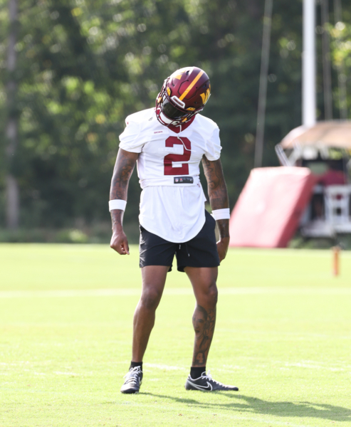 WR Dyami Brown (2) dancing on the field at the Commanders traini