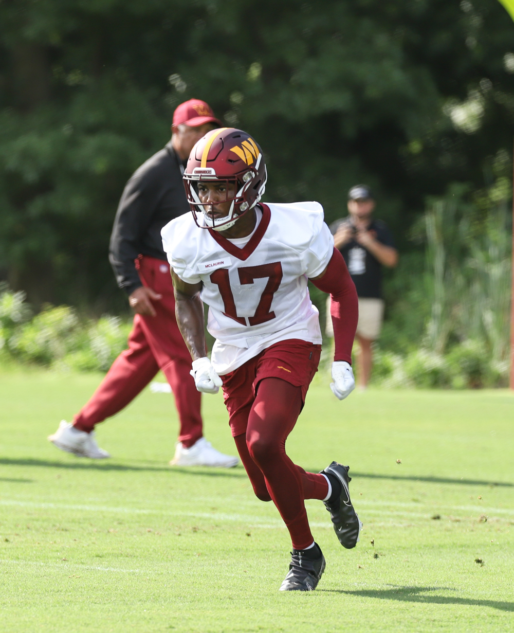 WR Terry McLaurin (17) begins to run, to catch the ball thrown