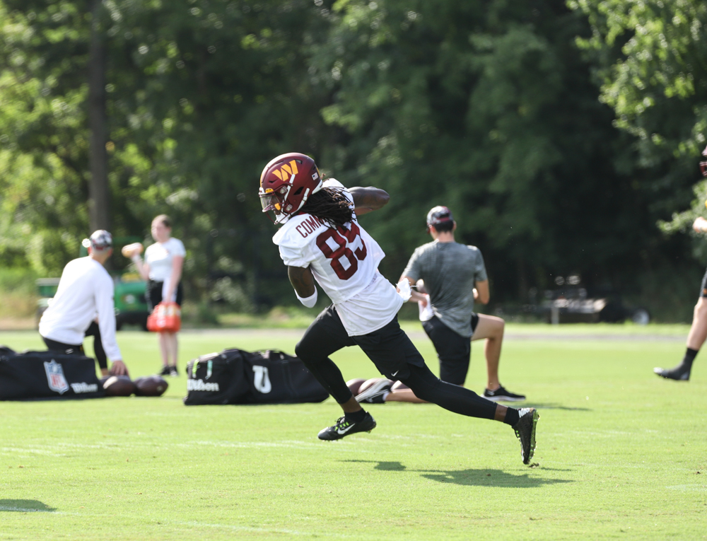 WR Cam Sims (89) makes the running play at the Commanders traini