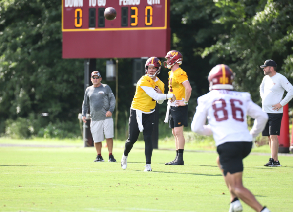 Quarterback Taylor Heinicke (4) makes a throw at the Commanders