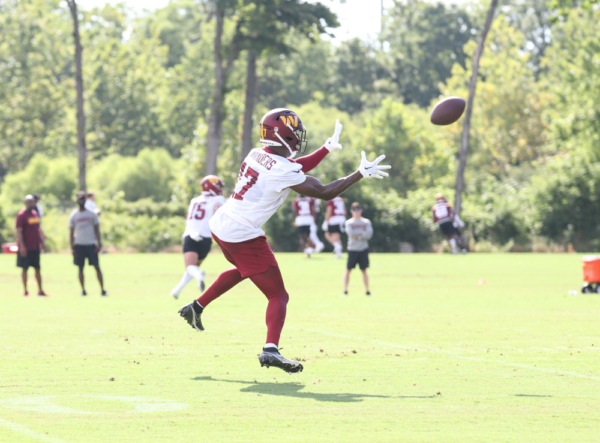 Wide Reciever Terry McLaurin (17) about to make a catch at the C