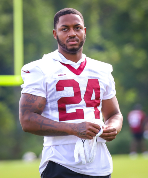 RB Antonio Gibson (24) before practice Commanders training camp