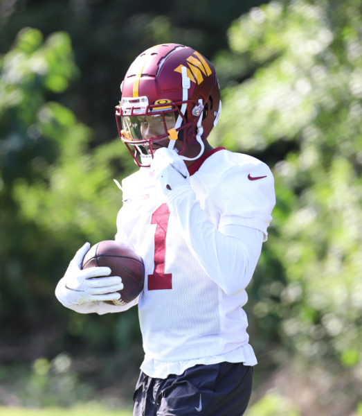 Washington Commanders Wide Reciever Jahan Dotson (1) makes his w