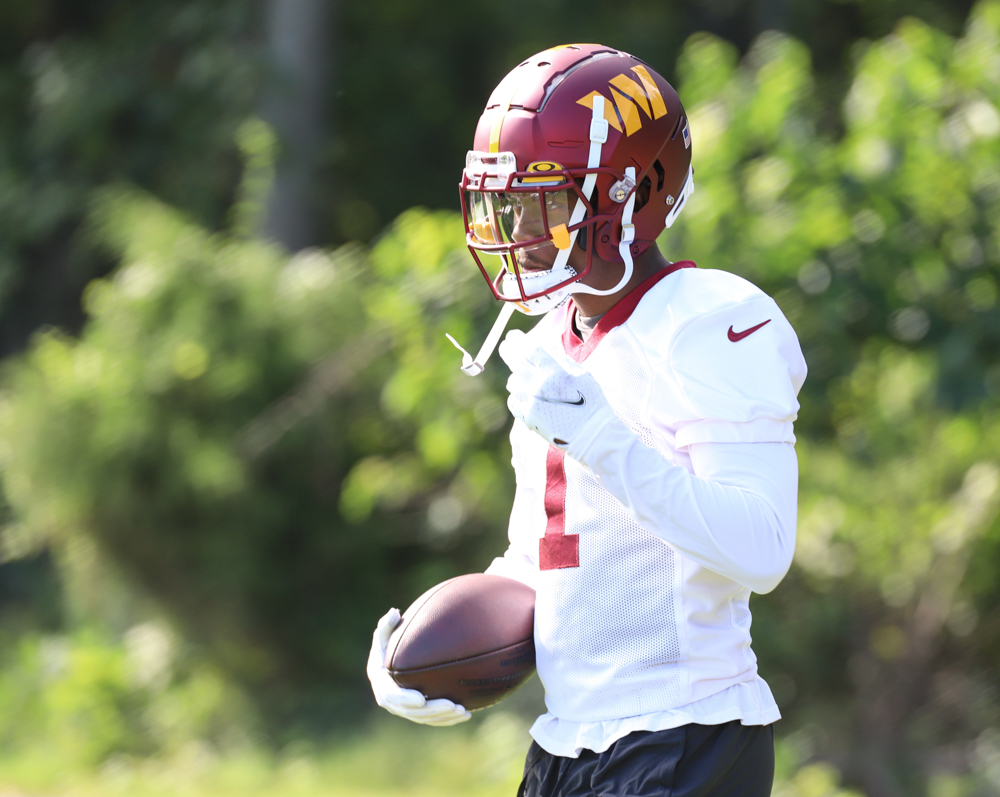 Washington Commanders Wide Reciever Jahan Dotson (1) makes his w